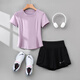 phigeer戶(hù)外跑步女運動(dòng)套裝夏季后口袋可放手機短袖瑜伽服速干健身訓練服 粉紫兩件套（黑短褲） M