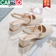 卡帝樂鱷魚（CARTELO）品牌包頭配裙子涼鞋2025夏新款仙女風(fēng)粗跟法式珍珠后空單鞋 米白色升級(jí)版 35