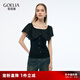 歌莉婭短款t恤上衣女夏2025新款設(shè)計(jì)感荷葉領(lǐng)小個(gè)子穿搭1E6R3I290 00B黑色 L
