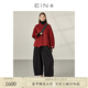 EIN言紅色V領(lǐng)牛角扣造型感弧形衣擺雙面呢短大衣外套女裝秋冬款 紅色 S