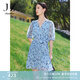 玖姿·安娜蔻V領(lǐng)雪紡連衣裙女裝夏款泡泡袖褶皺感淺藍(lán)色裙 花淺藍(lán) M