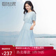 熙世界sllsky藍(lán)色亞麻連衣裙女2025夏季新款氣質(zhì)優(yōu)雅收腰圓領(lǐng)泡泡袖裙子 鹽水藍(lán) M