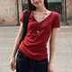 九寸陽(yáng)光純色V領(lǐng)正肩短袖t恤女2025新款簡(jiǎn)約寬松百搭顯瘦上衣打底 紅色V領(lǐng)短袖 M