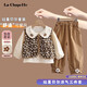 La Chapelle拉夏貝爾女童長(zhǎng)袖翻領(lǐng)小花可愛(ài)時(shí)尚套裝小女孩春秋新款森系童裝 打底衫+馬甲+褲子 90 建議身高80cm-90cm