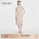 納薇（naivee）春夏高級設計感時尚飛袖腰部皺褶知性修身連衣裙女 卡其 M 165/88A
