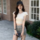 貞喜氣純色露臍短袖t恤女 2025夏季新款修身顯瘦百搭辣妹圓領(lǐng)短款T恤 杏色 M 適合95-115斤