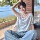 栢啟歆女裝t恤短袖上衣v領(lǐng)正肩百搭夏季衣服高級(jí)感夏裝t恤衫內(nèi)搭上衣 V領(lǐng)寬松短袖L【白色】