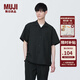 無印良品（MUJI）男式 易干彈力泡泡紗開領(lǐng)短袖衫 男士短袖襯衫襯衣 AC1WBA4S 黑色 L(175/100A)