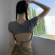 朦朧杏爵士舞露背短款上衣綁帶緊身短袖t恤女春夏設(shè)計(jì)感小眾性的感辣 灰色【面料甜辣鏤空修身顯瘦】 S 建議85斤內(nèi)