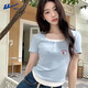 回力藍(lán)色短袖女t恤夏2025新款莫蘭迪色穿搭小個(gè)子正肩半袖假兩件上衣