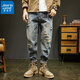 真維斯（Jeanswest）褲子男夏季破洞補(bǔ)丁牛仔褲男寬松錐形復(fù)古高街美式大碼束腳哈倫褲 藍(lán)色 32