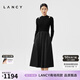 朗姿/LANCY春春季新款長袖鏤空桑蠶絲裙子黑色中長款拼接連衣裙女 夜幕黑色2 L