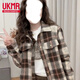 UKMR新款長(cháng)袖短款復古磨毛格子襯衣2024寬松外套小個(gè)子襯衫上衣外穿女 咖啡色 M