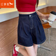 紅蜻蜓天絲牛仔短褲女夏季2025年新款高腰寬松a字深藍(lán)色闊腿四分褲 丹寧藍(lán) L