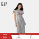 GAP女裝2025夏季新款純棉印花logo收腰抽褶開(kāi)叉短袖連衣裙764855 淺灰 XL (175/92A) 亞洲尺碼