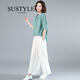 SUSTYLE奢侈高端品牌女裝高檔棉麻套裝女2025新款媽媽夏裝闊腿褲洋氣休閑 豆綠+白色 M 【90-110斤】