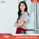 伊芙麗（eifini）伊芙麗2025夏裝新款撞色領(lǐng)彩色條紋T恤女圓領(lǐng)短袖百搭打底衫 紅色 S