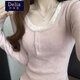 矜持范毛衣女碎花拼接假兩件長(cháng)袖t恤秋冬新款修身顯瘦短款辣妹純欲風(fēng) 粉色 假兩件 M 86-100斤