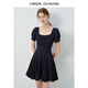 VEGA CHANG短袖連衣裙女2026年新款夏季度假風(fēng)法式蝴蝶結綁帶不規則短裙 藏青色 M