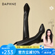 達芙妮（DAPHNE）長靴女不過膝高筒靴秋冬新款加絨高跟長筒靴V口尖頭皮靴 黑色 加絨 跟高6.5cm 37 (235mm) 標準碼