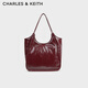 CHARLES&KEITH柔軟褶皺大容量單肩托特包包女包生日禮物CK2-30782457 Burgundy葡萄酒紅色 大包