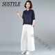 SUSTYLE奢侈高端品牌女裝高檔棉麻套裝女2025新款媽媽夏裝闊腿褲洋氣休閑 藏青色+白色 L