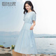 熙世界sllsky藍(lán)色亞麻連衣裙女2025夏季新款氣質(zhì)優(yōu)雅收腰圓領(lǐng)泡泡袖裙子 鹽水藍(lán) L