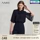 AMII開(kāi)學(xué)季換新裝2025夏季新款優(yōu)雅通勤小立領(lǐng)喇叭袖綁帶雙層雪紡衫女 夜藍 L (165)