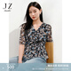 玖姿·安娜蔻優(yōu)雅輕熟系帶V領(lǐng)收腰中袖雪紡上衣女2025夏季新款 花丈青 2XL