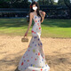 茯見水彩吊帶連衣裙女2025夏季小個(gè)子長(zhǎng)款夏日度假不規(guī)則裙擺魚尾裙子 白色 M （建議95-110斤）