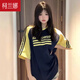 柯蘭娜新款正肩拼接插肩短袖t恤女夏季學(xué)生小眾情侶裝三條杠上衣 藏青拼黃色袖 M 推薦90-110斤