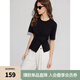 ELLE白色褶皺圓領(lǐng)開(kāi)衩短袖T恤女2025春季新款設(shè)計(jì)感正肩內(nèi)搭上衣 黑色 XL
