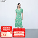 LILY【專柜甄選】秋新款女裝含真絲復(fù)古印花泡泡袖垂感連衣裙 309翠綠 M