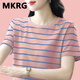 MKRG輕奢高端品牌時尚條紋短袖T恤女夏季新款棉寬松顯瘦洋氣上衣服 257/粉色 2XL 【建議135-145斤】