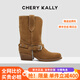 CHERY KALLY【徐若晗同款】氣質(zhì)復(fù)古騎士靴女士2025新款秋冬真皮粗跟中筒靴子 駝色 Camel 37