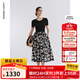 朗姿雙色針織拼接撞色印花連衣裙2025年夏季新款a字高腰碎花裙 夜幕黑色 XL