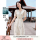 香影（xiangying）v領(lǐng)連衣裙女2025夏季新款泡泡袖絕美蝴蝶印花收腰顯瘦仙女裙 米色 M