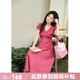 謎秀木耳邊V領(lǐng)收腰法式連衣裙女2025春季夏季新款女裝設(shè)計(jì)感中長(zhǎng)裙子 玫紅色 M
