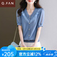 恰凡（QIAFAN）高端時(shí)尚短袖t恤女裝2025夏季新款v領(lǐng)遮肚子大碼體恤針織衫短上衣 藍(lán)色 M  90-105斤