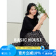 百家好（Basic House）Basic House/百家好法式高級(jí)套裝不規(guī)則開叉上衣碎花半身裙兩件套 黑色 L