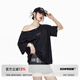 ICH MODE美式復(fù)古漏肩短袖T恤女2025年夏新款寬松設(shè)計(jì)感斜肩上衣男 黑色 M