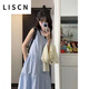 LISCN藍(lán)色無(wú)袖連衣裙女2025夏季法式圓領(lǐng)高腰收腰顯瘦中長(zhǎng)款度假中長(zhǎng)裙 圖片色 S