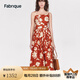 Fabrique全棉花苞裙擺斜領(lǐng)印花連衣裙女2024夏季新款吊帶裙 紅色 XS