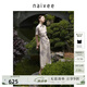 納薇（naivee）新中式旗袍裙斜襟印花改良旗袍短袖修身連衣裙女裝裙子萊賽爾亞麻 米色 M