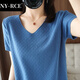 NY-RCE夏季新款針織短袖T恤女V領(lǐng)純色寬松棉麻薄款亞麻上衣 霧霾藍 2XL