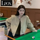 LPOX外套女美式復古灰色短款棒球服外套女春秋款設計感小眾上衣 卡其色 M 建議90斤-102斤以?xún)? title=