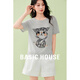 百家好（Basic House）Basic House/百家好貓咪珍珠短袖T恤夏季新款減齡圓領(lǐng)針織上衣女 灰色 L