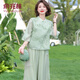俞兆林媽媽夏裝套裝新中式漢服裙兩件套夏季薄國風(fēng)旗袍連衣裙中老年女裝 竹葉綠 4XL 建議130-145斤