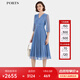 PORTS寶姿女裝2024春夏新款簡(jiǎn)約V領(lǐng)透視袖天空藍(lán)浪漫網(wǎng)紗百褶連衣裙 天空藍(lán) S (4)