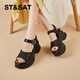 星期六一字帶坡跟涼鞋女厚底小個(gè)子增高顯瘦通勤休閑涼鞋女鞋 黑色 37